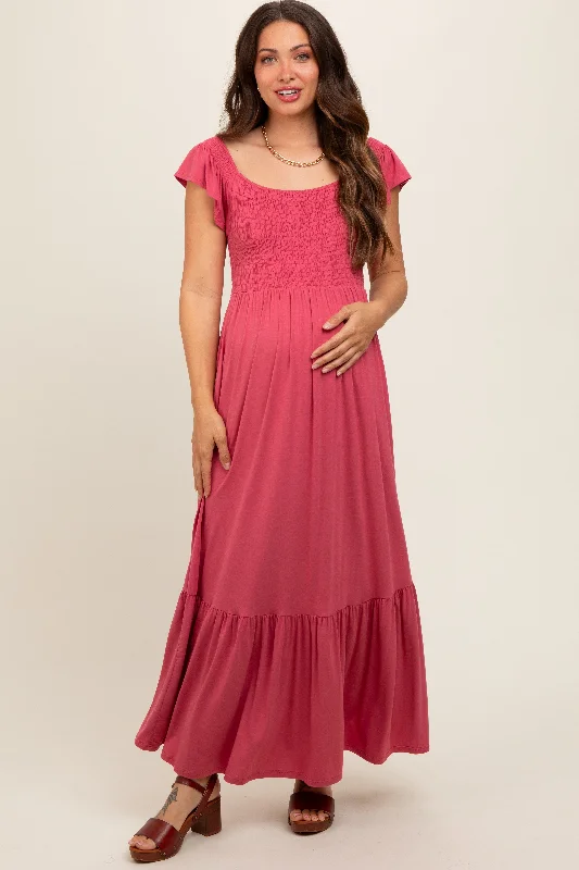 Women's floral dress skip chic -Magenta Smocked Ruffle Hem Maternity Maxi Dress