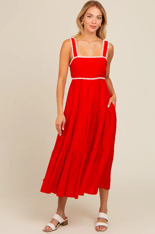 Women's midi dress trim flair -Red Scallop Trim Tiered Midi Dress