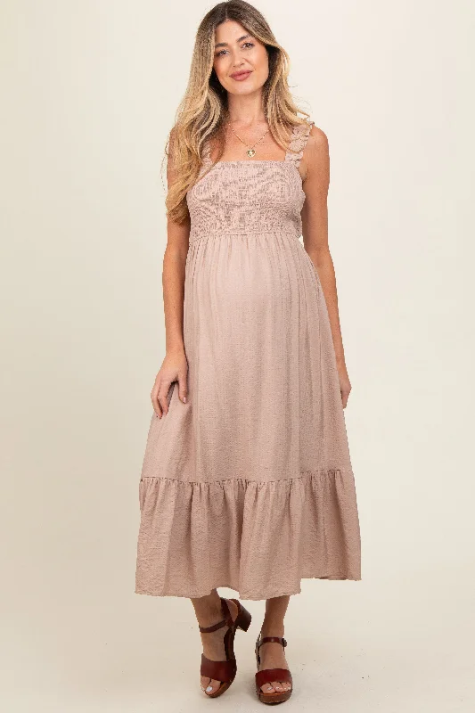 Women's floral dress wild glow -Taupe Smocked Bodice Maternity Maxi Dress