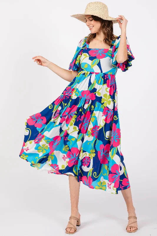 Women's midi dress lone glow -Royal Floral Tiered Puff Sleeve Midi Dress