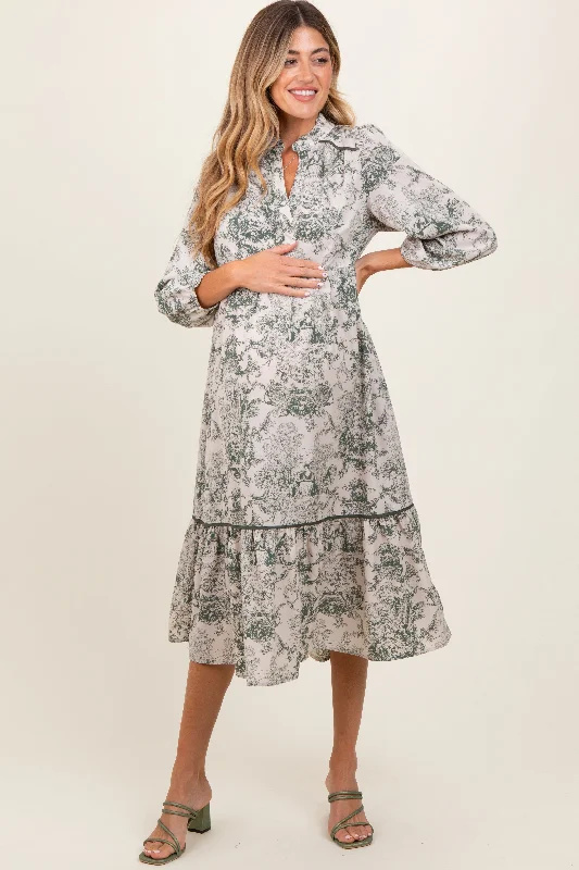 Women's midi dress hot flair -Forest Green Printed Split Ruffle Collar Maternity Midi Dress