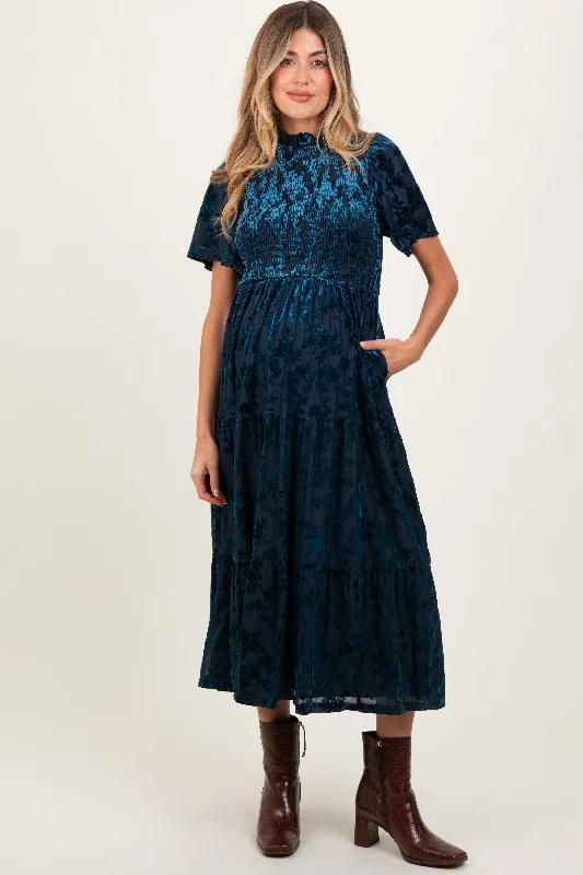 Women's midi dress loud glow -Navy Floral Velvet Print Smocked Maternity Midi Dress