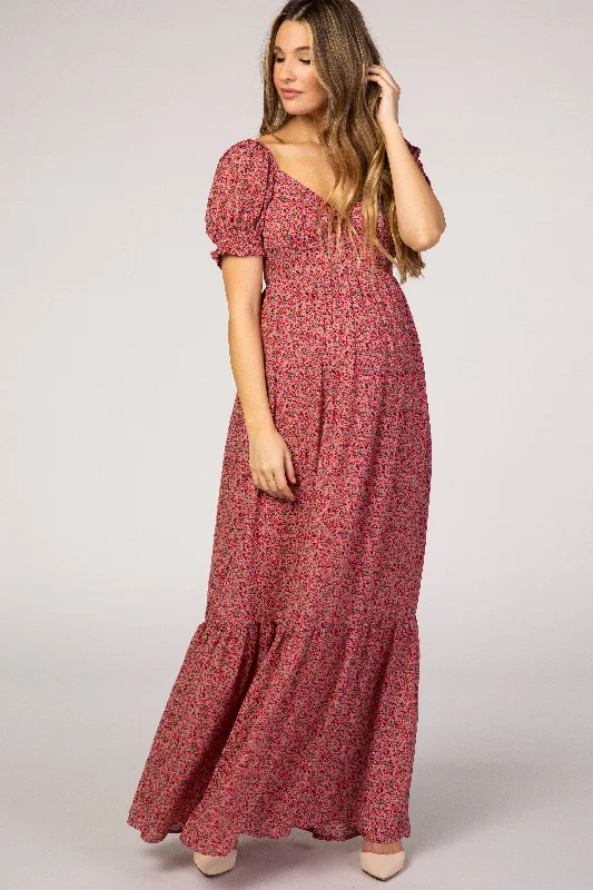 Women's floral dress heart chic -Pink Floral Puff Sleeve Maternity Maxi Dress