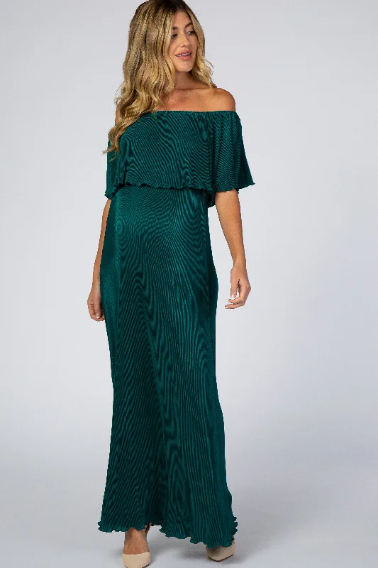 Women's floral dress calm glow -Forest Green Pleated Ruffle Off Shoulder Maternity Maxi Dress