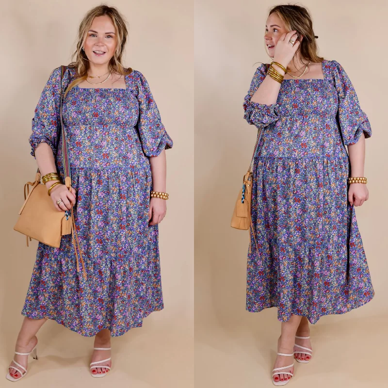 Women's floral dress sweep glow -Last Chance Size Medium | Spring Blooms Smocked Floral Maxi Dress in Blue