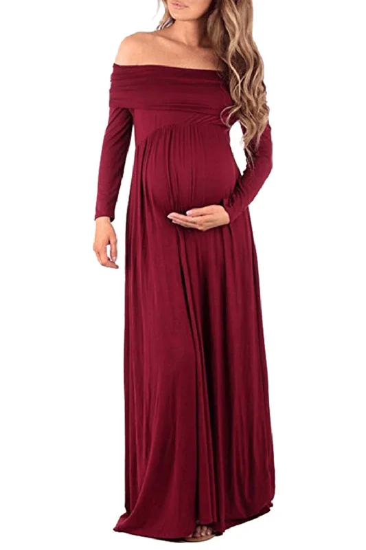 Women's floral dress keen pop -Iyasson Maternity Off Shoulder Maxi Dress