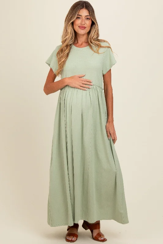 Women's floral dress past flair -Light Olive Ruffle Trim Maternity Maxi Dress