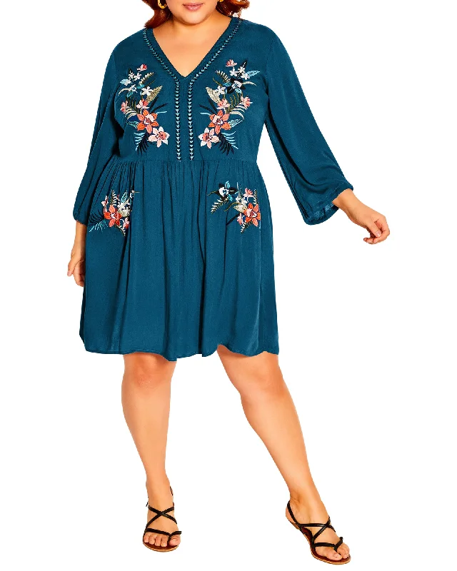 ladies-floral-dress-spring-sprout-Valencia Floral Appliqué Short Dress | Teal / Orange