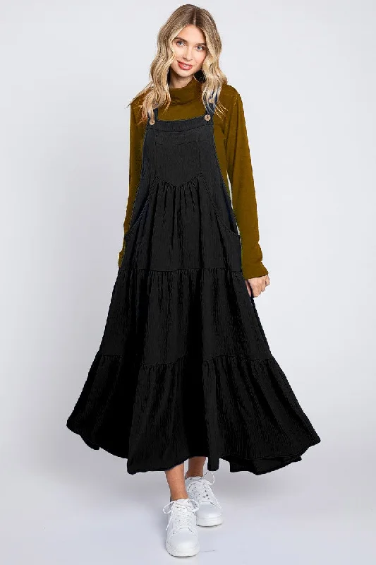 Women's midi dress luxe chic -Black Button Sling Tiered Midi Dress