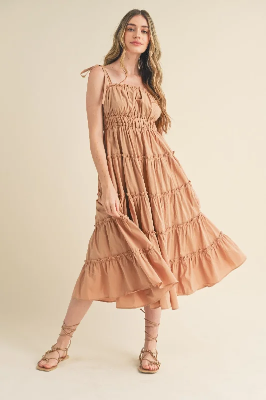 Women's midi dress curve pop -Camel Tiered Tie Strap Midi Dress