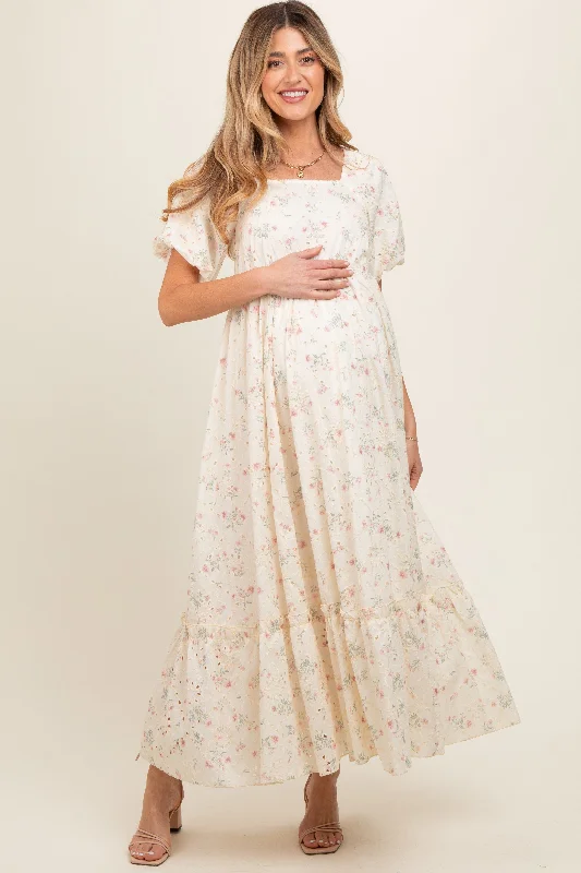 Women's floral dress pinch flair -Ivory Floral Eyelet Puff Sleeve Maternity Maxi Dress