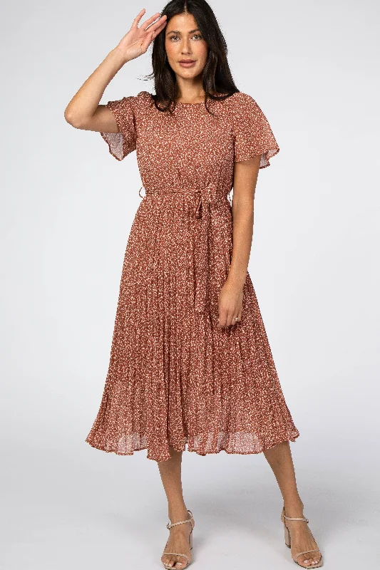 Women's midi dress bump glow -Rust Leaf Print Pleated Midi Dress