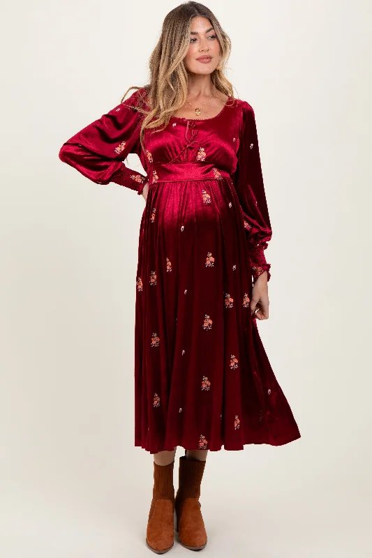 Women's midi dress cool flair -Red Velvet Embroidered Floral Maternity Midi Dress