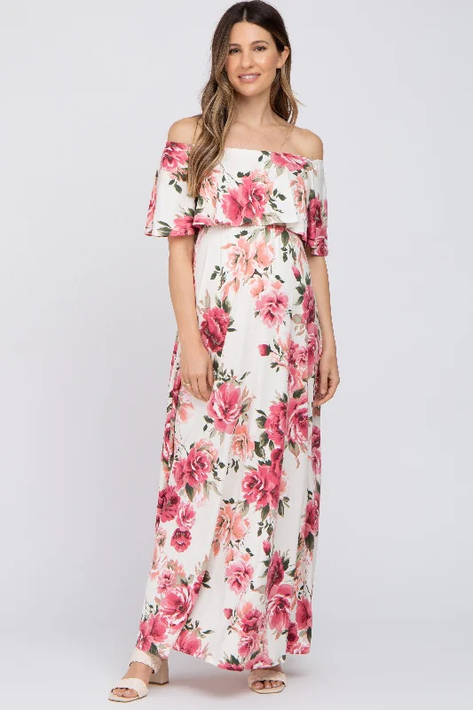 Women's floral dress glam pop -Ivory Floral Off Shoulder Flounce Maternity Maxi Dress