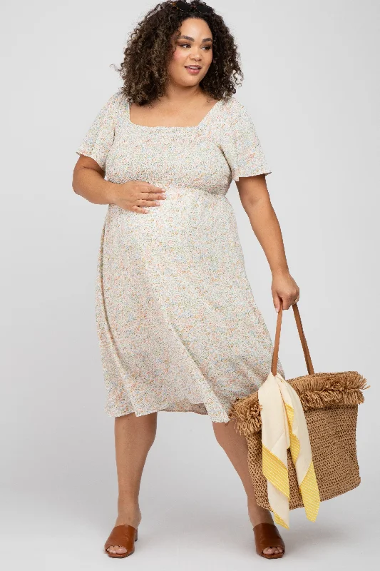 Women's midi dress now pop -Cream Floral Smocked Square Neck Maternity Midi Dress