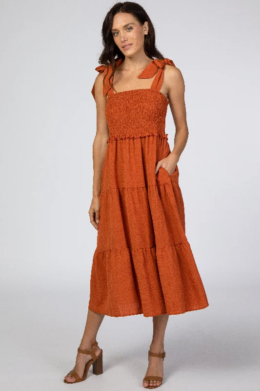 Women's midi dress raw flair -Rust Bow Strap Tiered Midi Dress