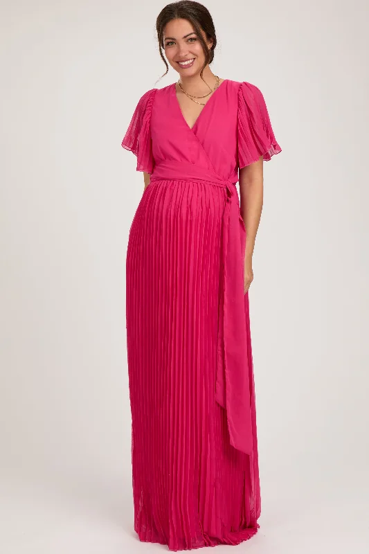 Women's floral dress mute pop -Fuchsia Chiffon Wrap Front V-Neck Short Sleeve Pleated Maternity Maxi Dress