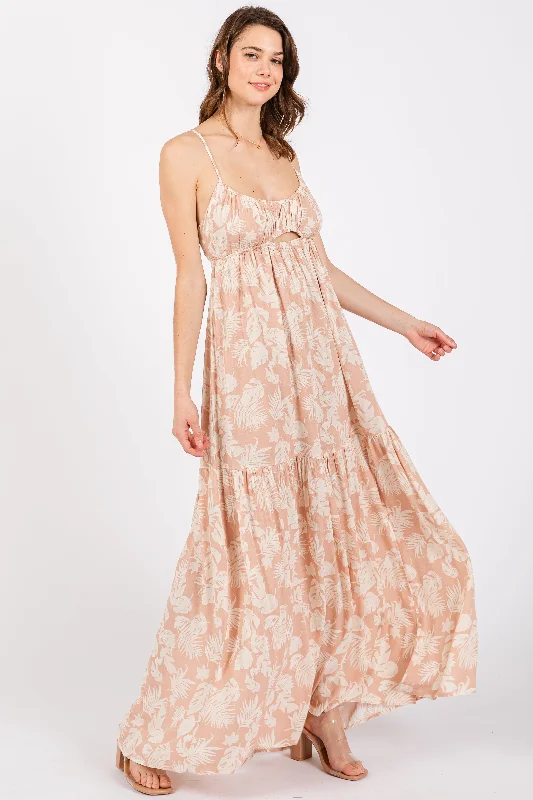 Women's floral dress morn glow -Light Pink Foral Front Cutout Open Cross Back Maxi Dress