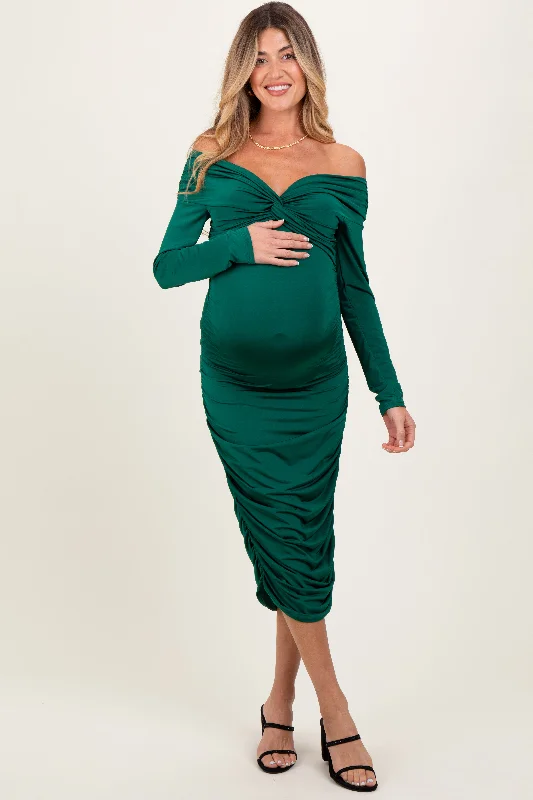 Women's midi dress tidy chic -Green Off Shoulder Ruched Long Sleeve Maternity Midi Dress