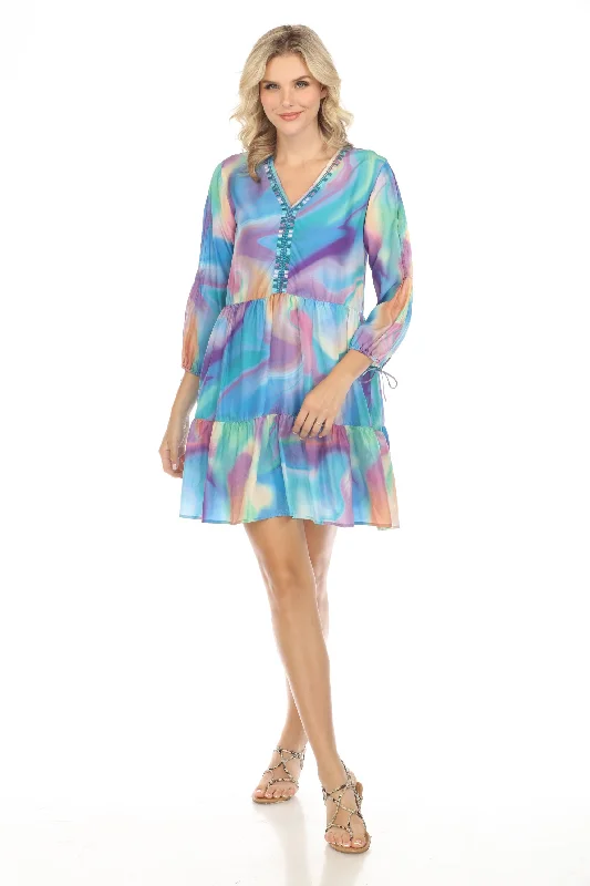 ladies-mini-dress-party-punch-Johnny Was Workshop Watercolor Print Silk Mini Dress W34824 Boho Chic