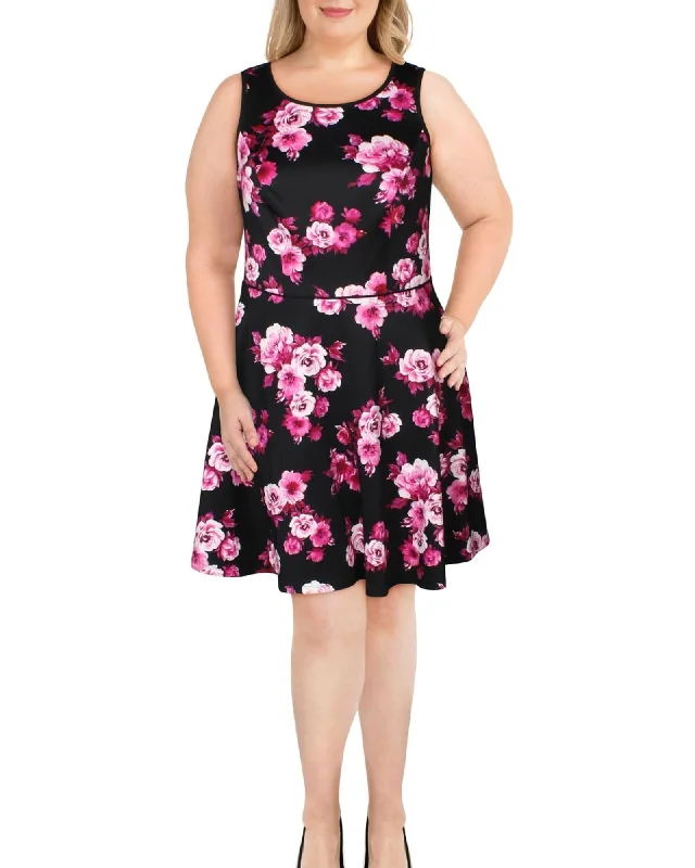 ladies-floral-dress-cocktail-carnation-City Studios Women's Plus Skater Dress Floral A Line Black Size 14W | Black