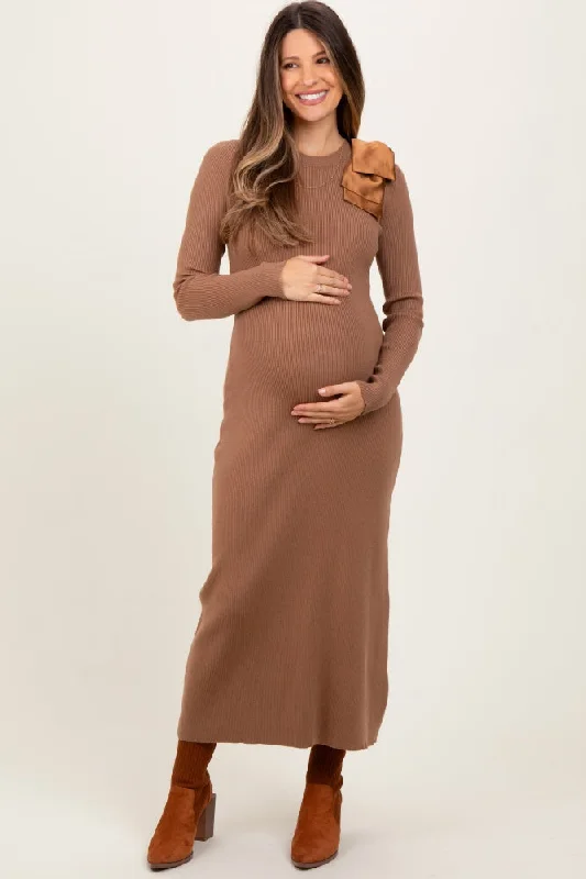 Women's midi dress amber chic -Mocha Shoulder Bow Detail Maternity Midi Knit Dress