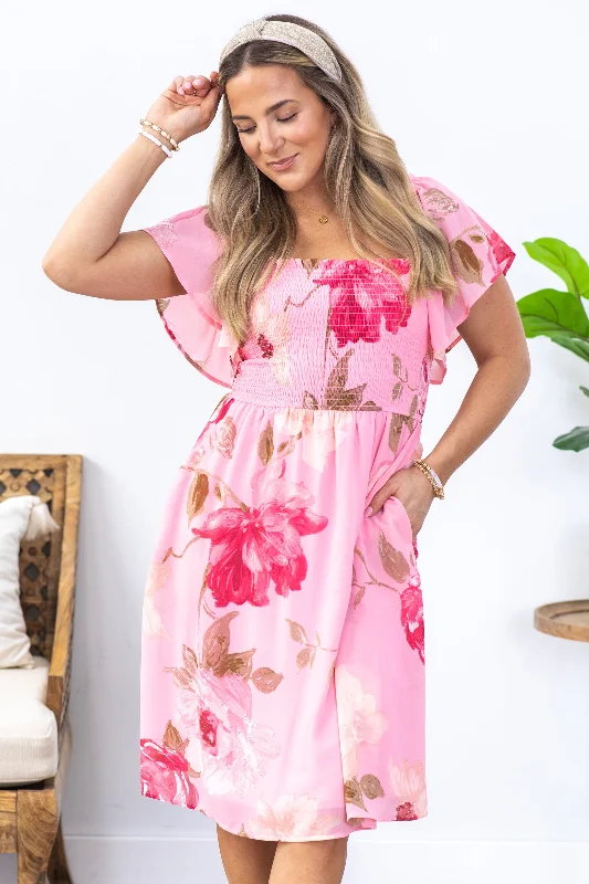 ladies-floral-dress-cocktail-carnation-Baby Pink Floral Print Chiffon Smocked Dress