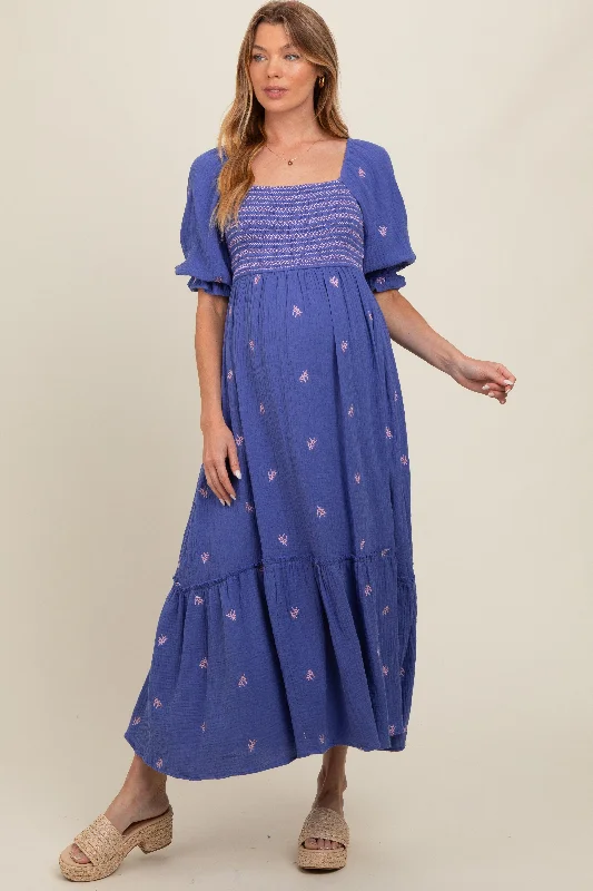 Women's midi dress pull chic -Royal Blue Gauze Smocked Embroidered Square Neck Maternity Midi Dress