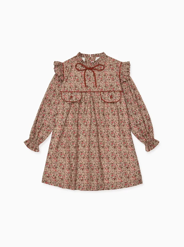 ladies-floral-dress-pleated-peony-Taupe Floral Maura Girl Empire Dress