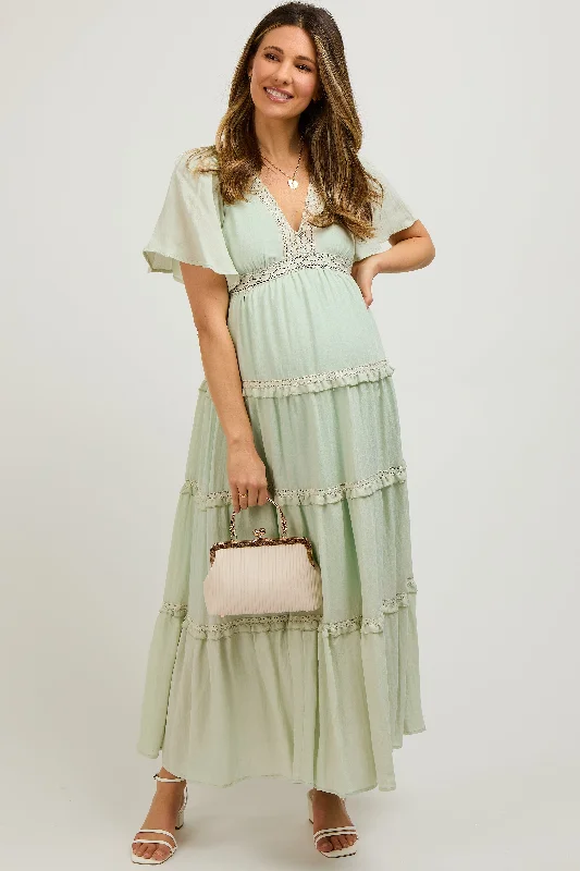 Women's floral dress clear bloom -Mint Crochet Lace Tiered Maternity Maxi Dress