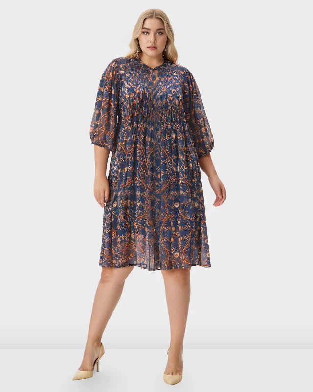 ladies-floral-dress-flowy-fern-Floral Tile Print Georgette Pintuck Shift Dress | Navy