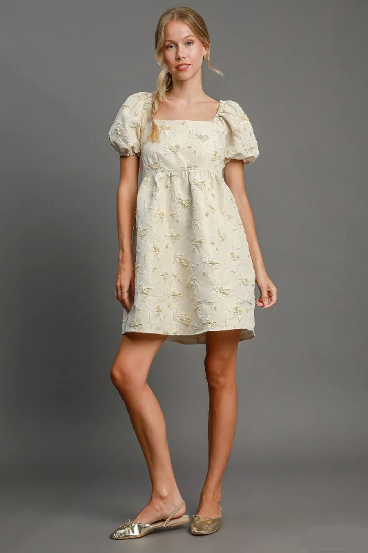 ladies-mini-dress-youthful-youth-Heart Jacquard Square Neck Puff Sleeve Mini Dress