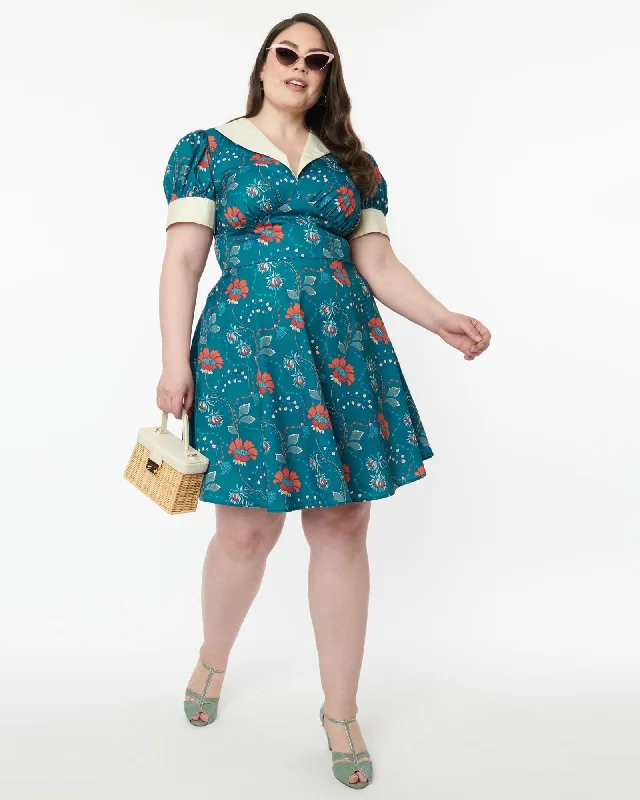 ladies-floral-dress-wildflower-wind-Unique Vintage Teal & Red Floral Chain Print Swing Dress | Teal/Floral