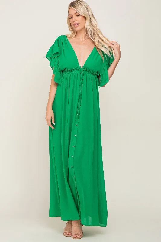 Women's floral dress deal bloom -Green Flounce Button Front Maxi Dress