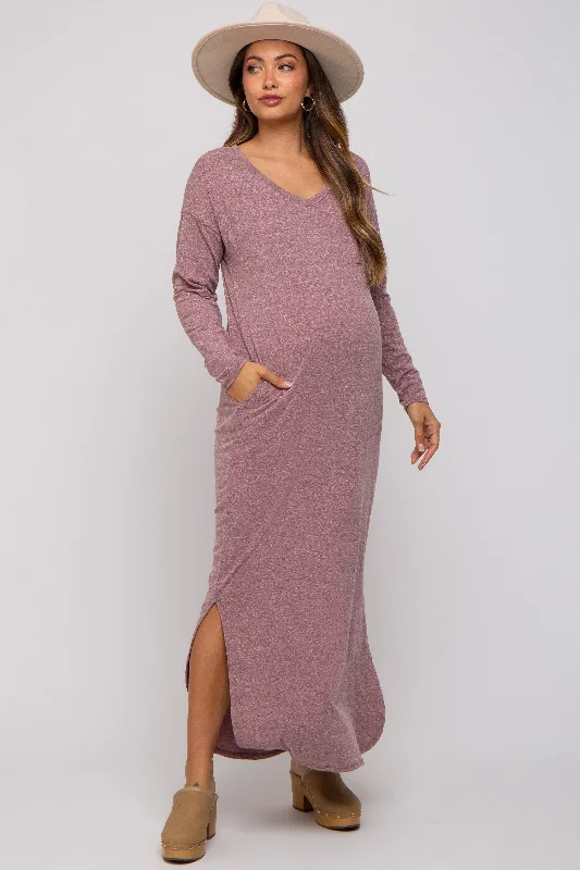 Women's floral dress clear flair -Plum Heathered Pocketed Long Sleeve Maternity Maxi Dress