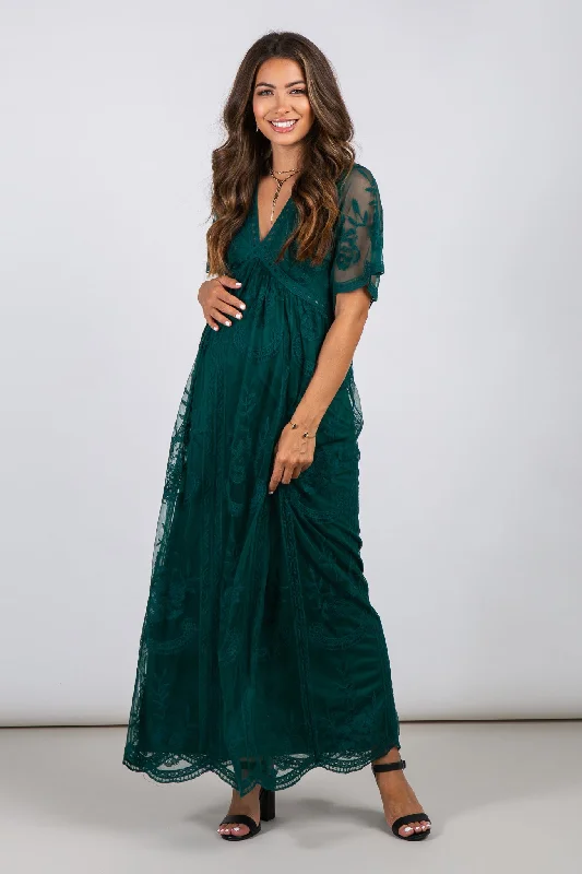 Women's floral dress frill chic -Forest Green Lace Mesh Overlay Maternity Maxi Dress