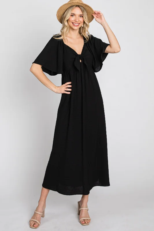 Women's midi dress loud flair -Black Textured Dot Front Tie Ruffle Sleeve Midi Dress