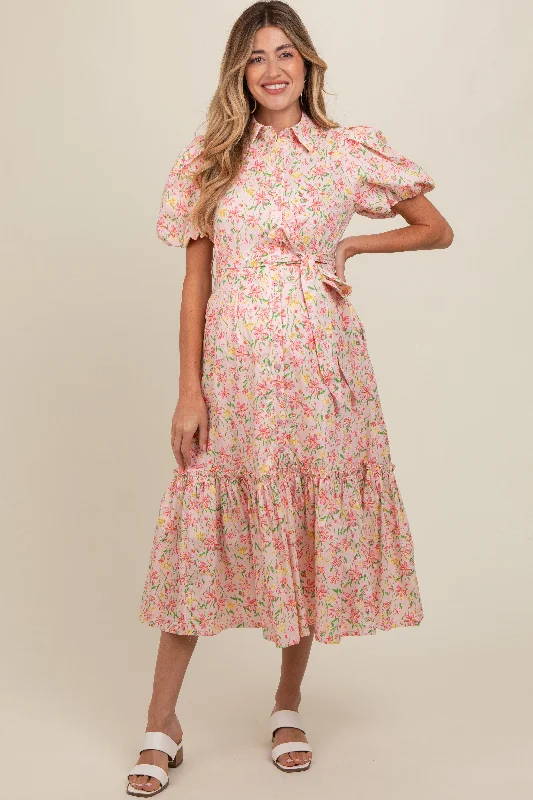 Women's midi dress petal glow -Pink Floral Puff Sleeve Button Down Maternity Midi Dress