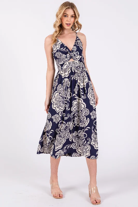 Women's midi dress now pop -Navy Floral Front Twist Midi Dress