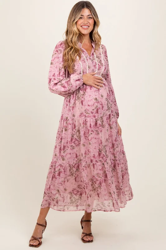 Women's floral dress wing pop -Pink Floral Lace Trim Maternity Maxi Dress