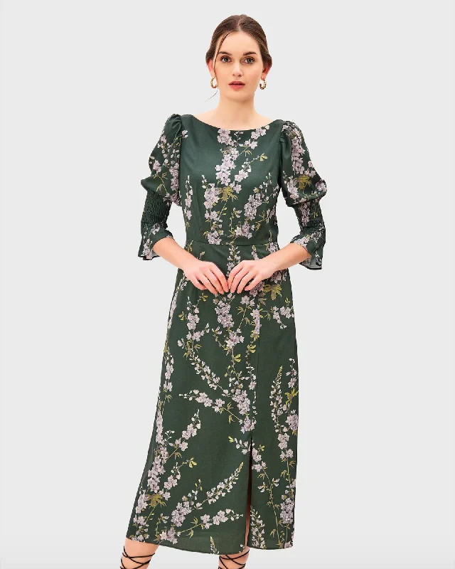 ladies-floral-dress-petite-poise-Floral Print Crepe A-Line Dress | Deep Green