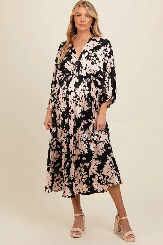 Women's floral dress part glow -Black Floral Satin Pleated V-Neck Maternity Maxi Dress