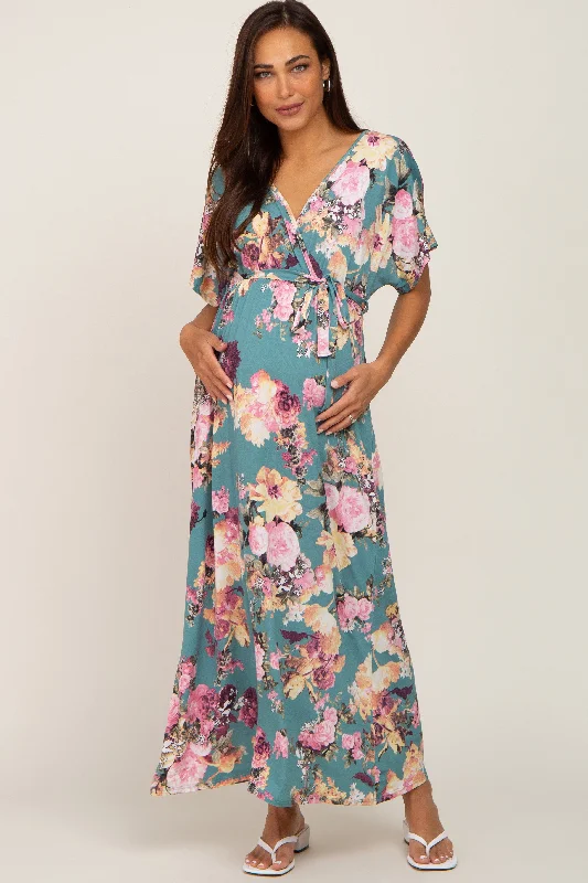 Women's floral dress glen glow -Jade Floral Wrap Front Waist Tie Maternity Maxi Dress