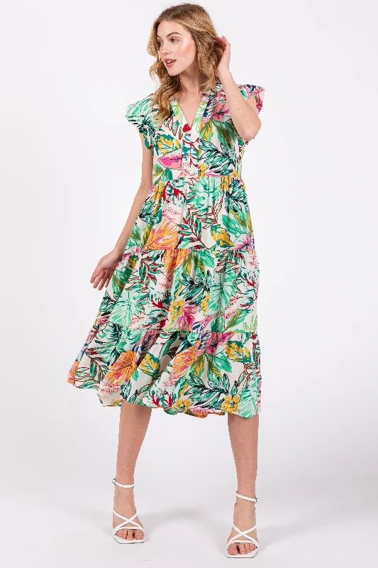 Women's midi dress quiz flair -Green Floral Flutter Sleeve Tiered Midi Dress