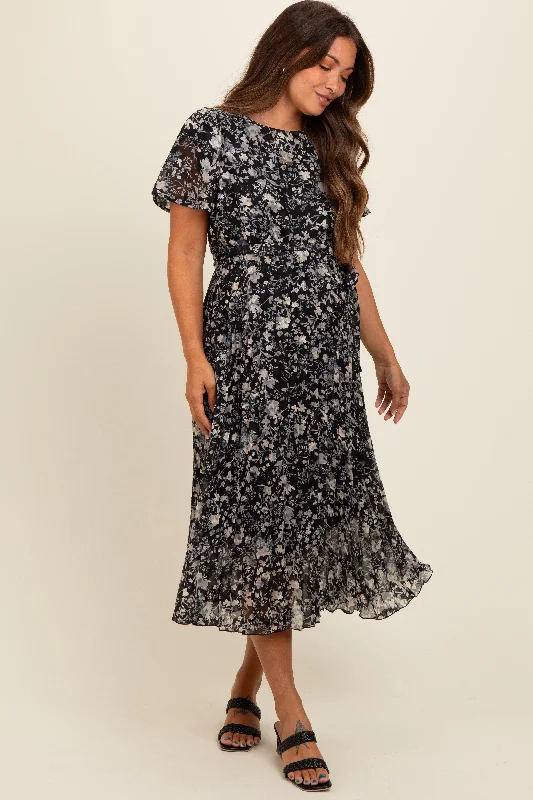 Women's midi dress loose glow -Black Floral Pleated Maternity Midi Dress