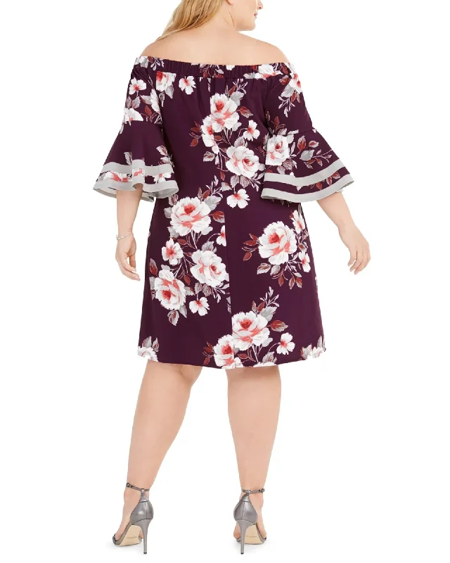 ladies-floral-dress-chiffon-charm-Love Squared Women's Trendy Plus Size Off-The-Shoulder Floral Dress Purple Size 2X | Purple