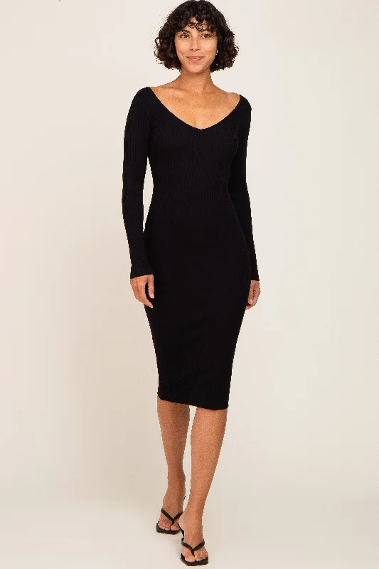 Women's midi dress cotton glow -Black Knit Ribbed Midi Dress