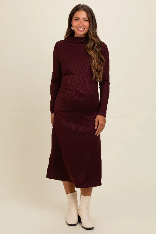 Women's midi dress haze flair -Brown Ruffle Mock Neck Long Sleeve Maternity Midi Dress