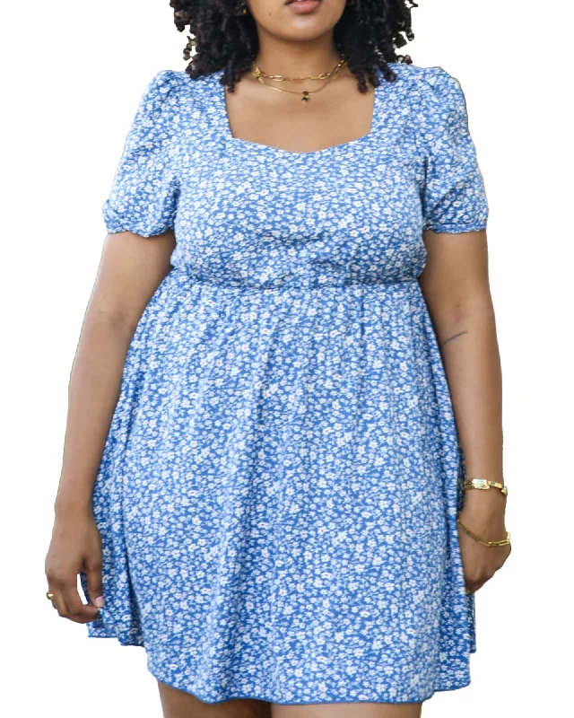 ladies-floral-dress-matte-mirth-White Floral Print Swing Dress with Square Neckline | Blue