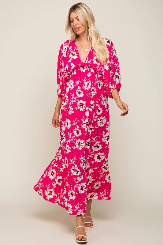 Women's midi dress vine flair -Fuchsia Floral V-Neck Dolman 3/4 Sleeve Midi Dress